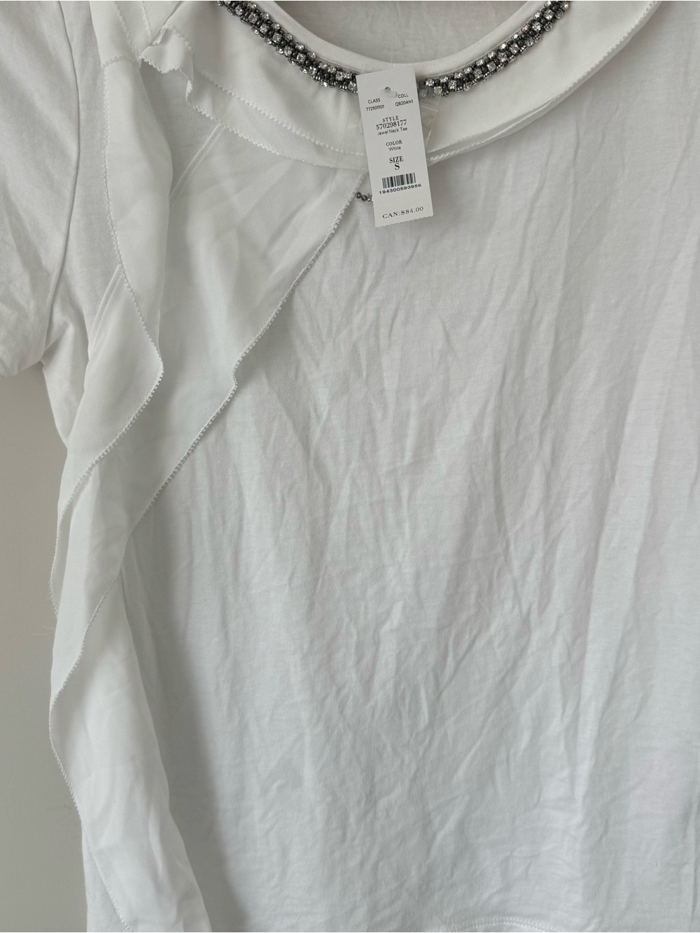 White House Black Market White Short Sleeve Top with Beaded Neck - Picture 3 of 6